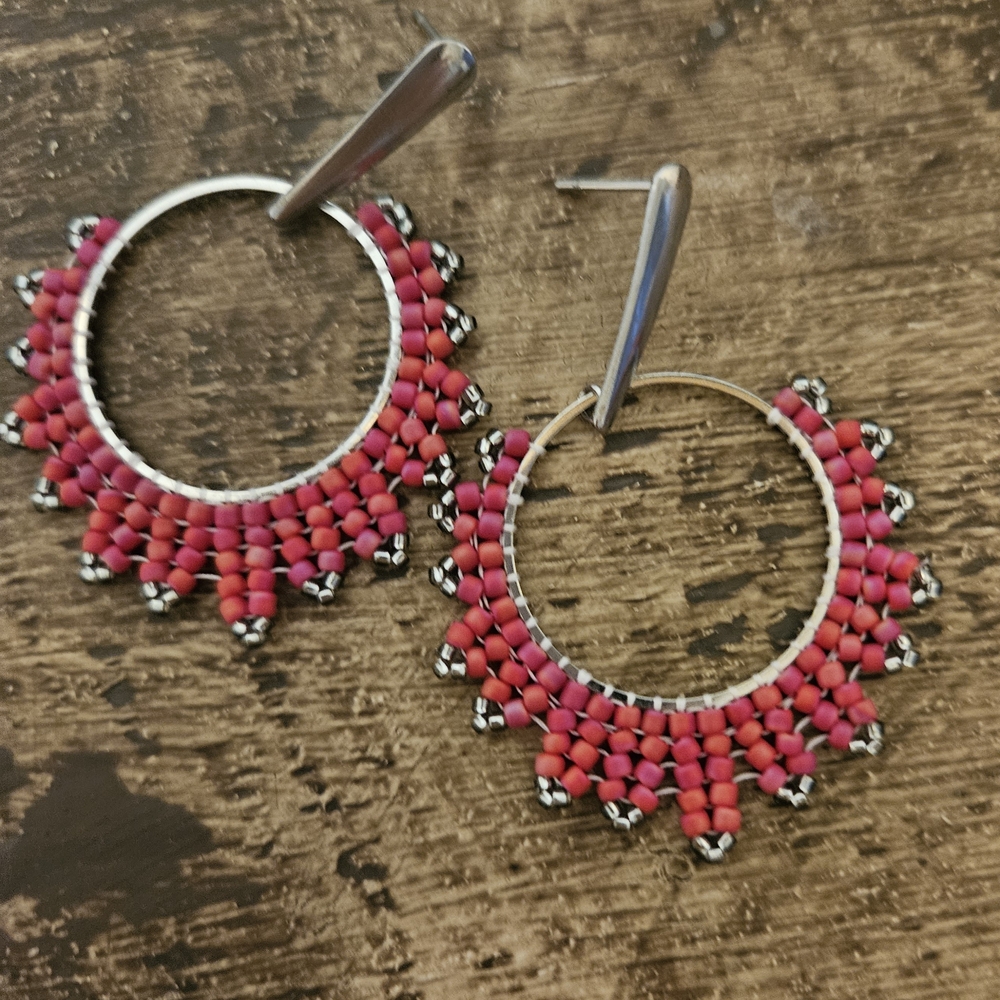 Chic Pink Beaded Handmade Hoop Earrings